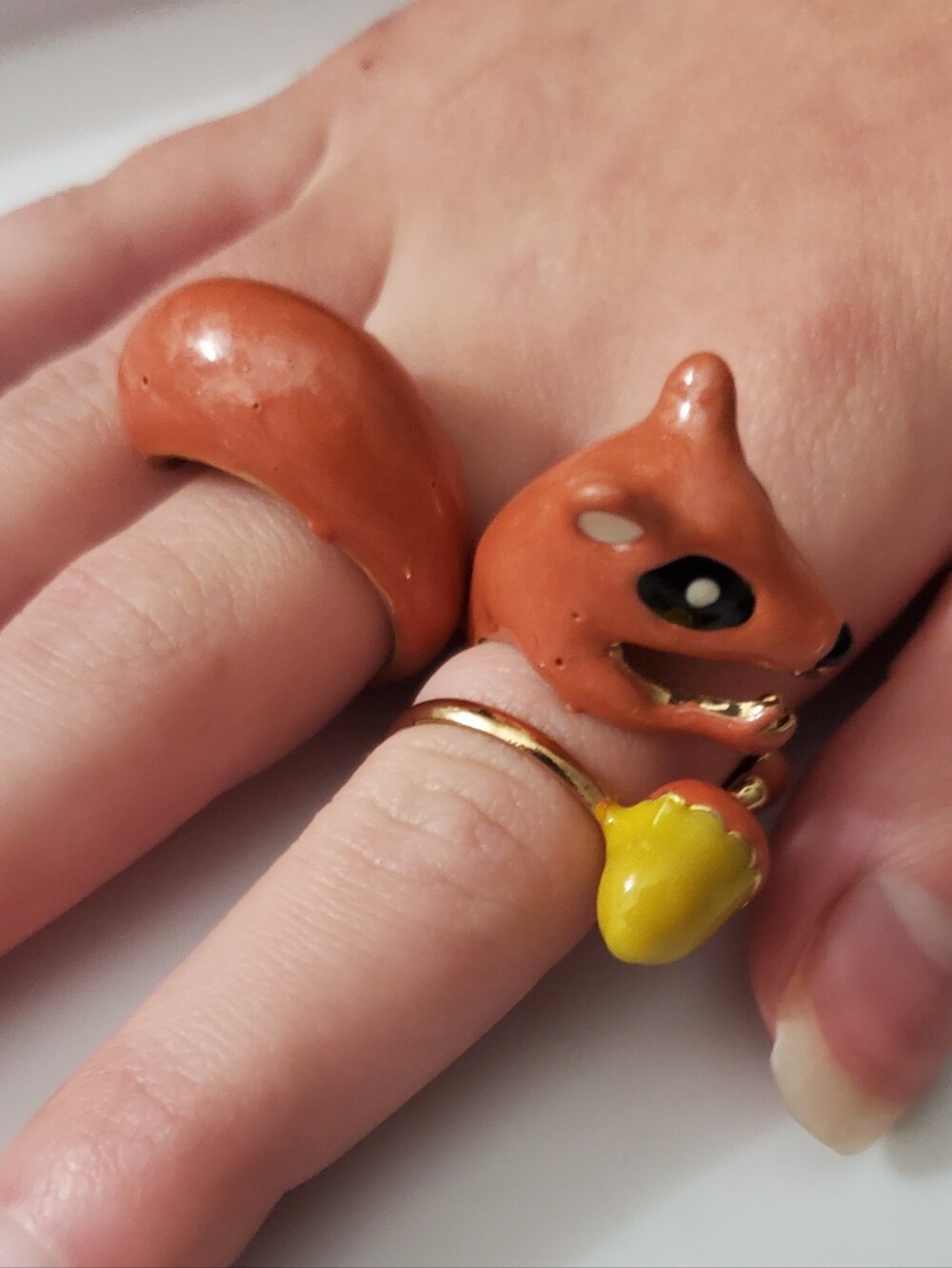SQUIRREL enamel 3 Pc Set Ring Sz 7 8 9 Wrap Acorn Gold Tone FUN